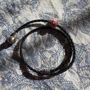 Pandora Moments Double Black Leather Bracelet
Sterling Silver &Pink Daisy Charm